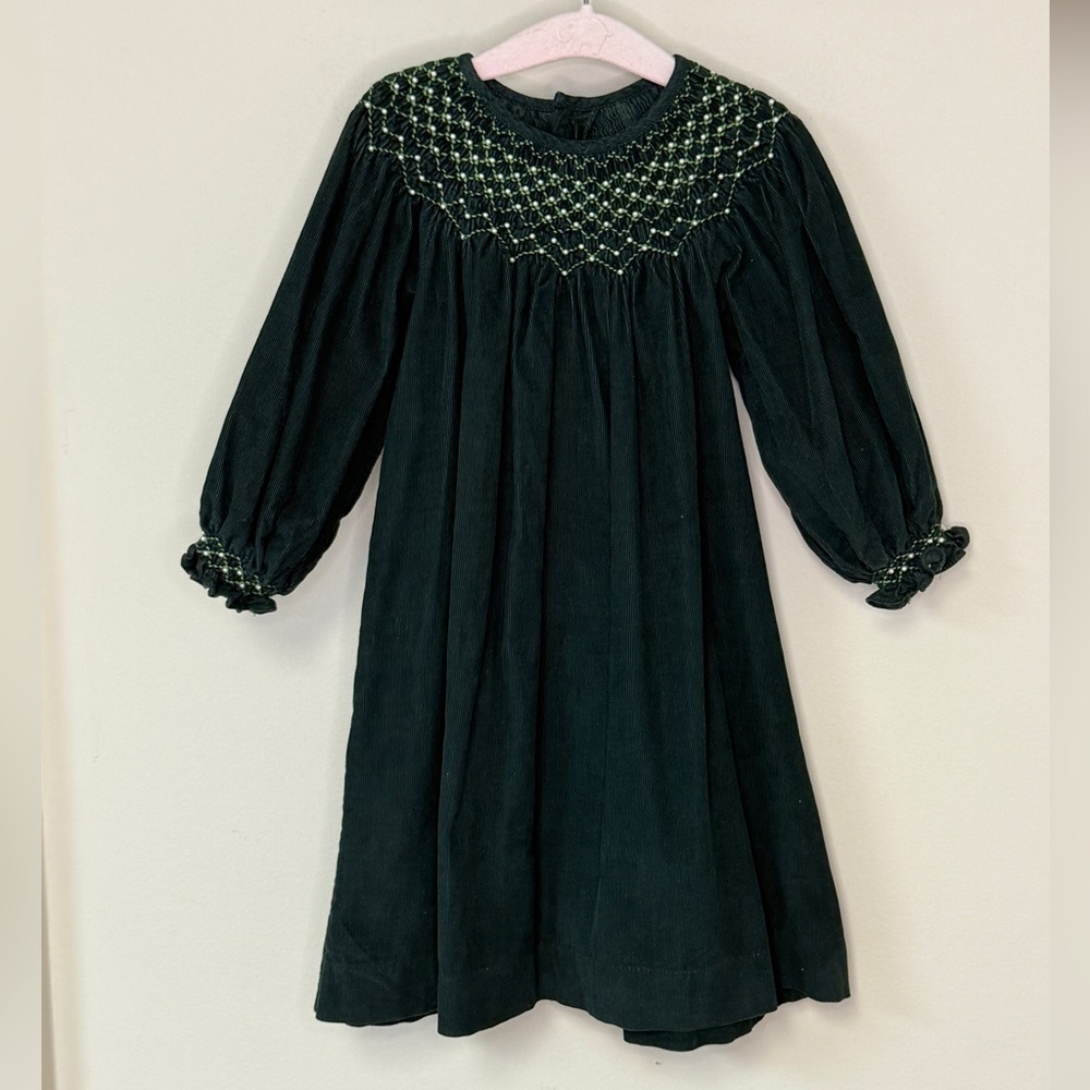 Mommy & Me: Girls Long SleeveSmocked Green Holiday with Beading Dress, Size 24mo